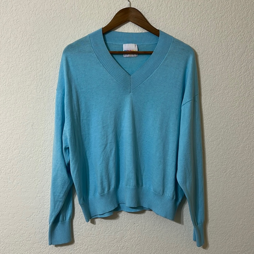 CRUSH Cashmere | Light Blue V-Neck Cotton Cashmere Blend Sweater M